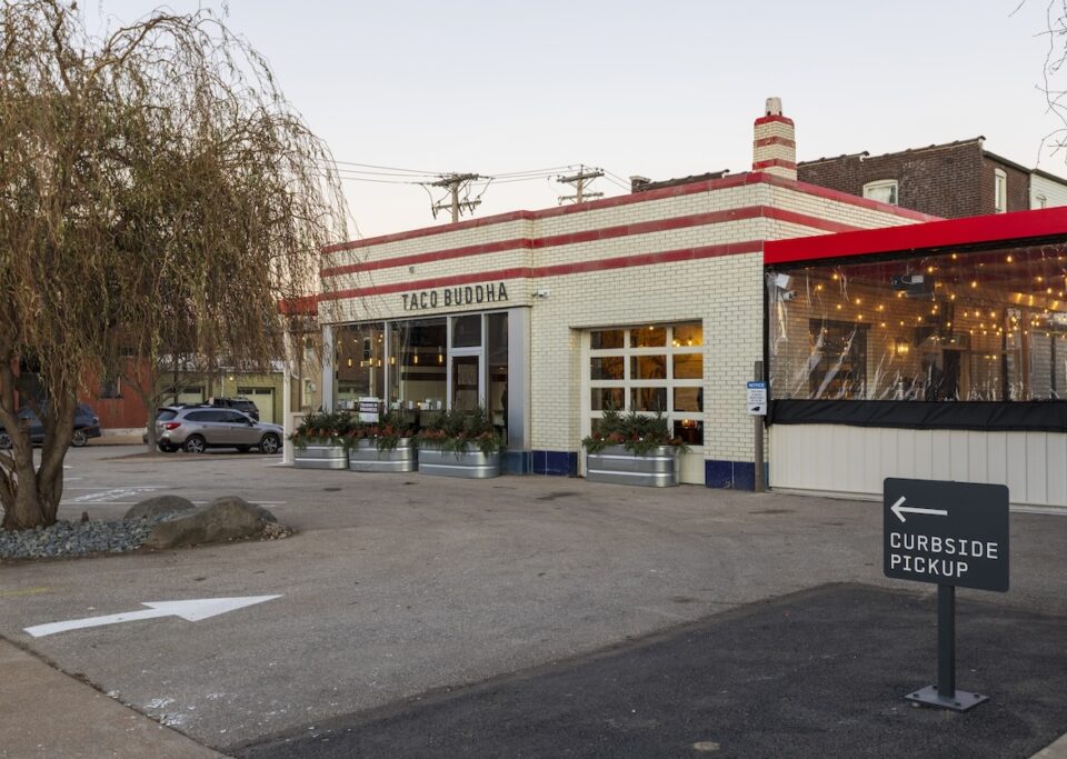 The curbside pickup entrance at Taco Buddha - Botanical Heights along Tower Grove Ave.